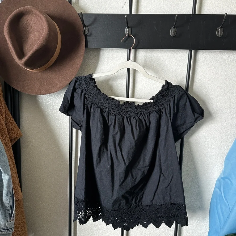 Who what wear black cotton lace time off shoulder boho summer blouse top shirt - Picture 1 of 4